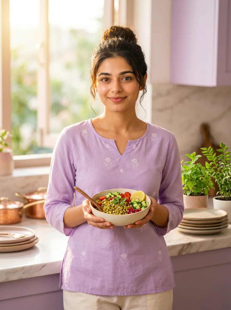 A happy Indian woman preparing healthy hormone-friendly meals at home